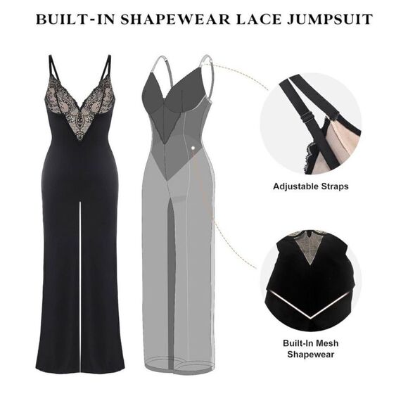 NWT Popilush The Shapewear Built-in Lace Backless V Neck Wide Leg Bodysuit - Picture 3 of 16